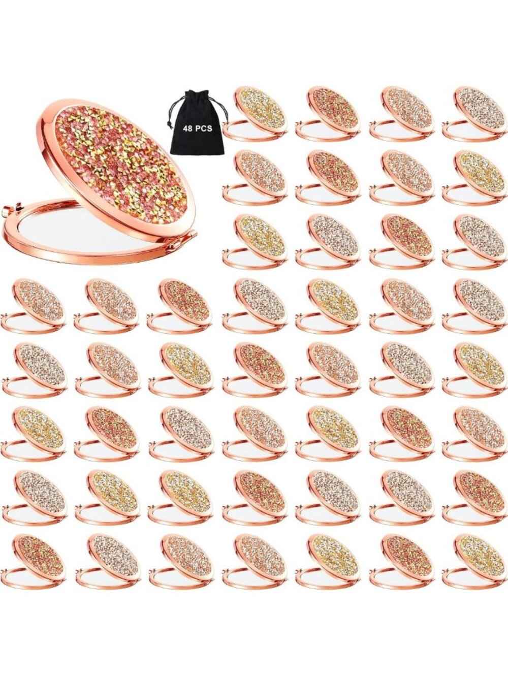 48 Pcs Compact Folding Pocket Mirrors - Handheld Round Makeup Magnifying Mirrors